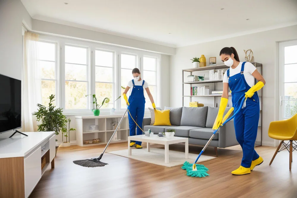 Cleaning team mopping the floor of a living room