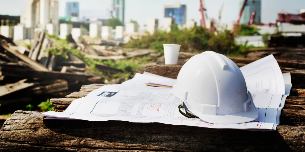 Construction blueprints and safety equipment representing construction and civil engineering services