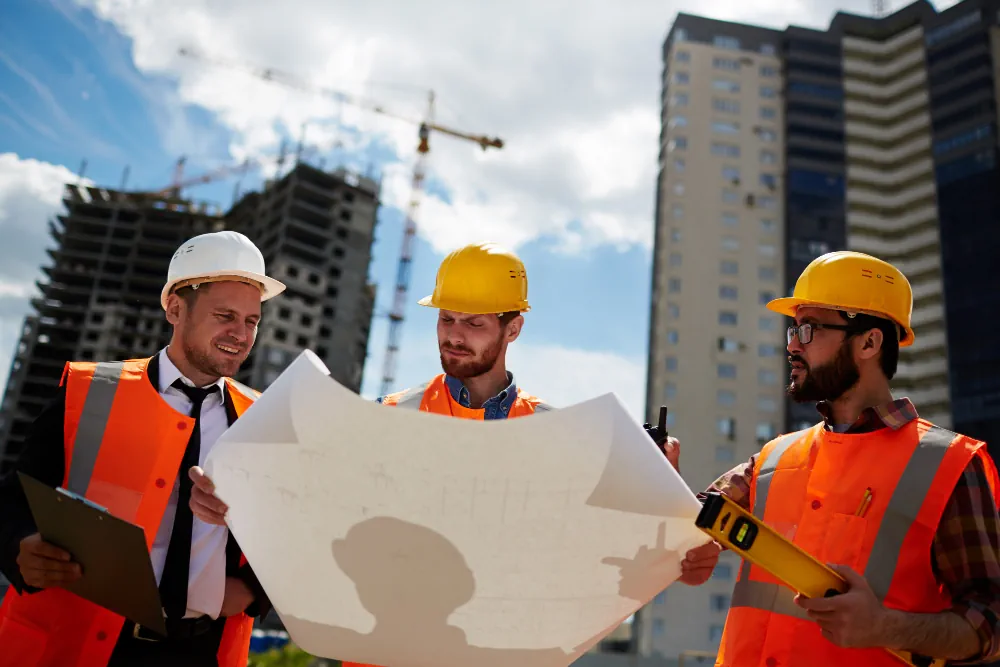 Construction and civil engineering team reviewing project plans