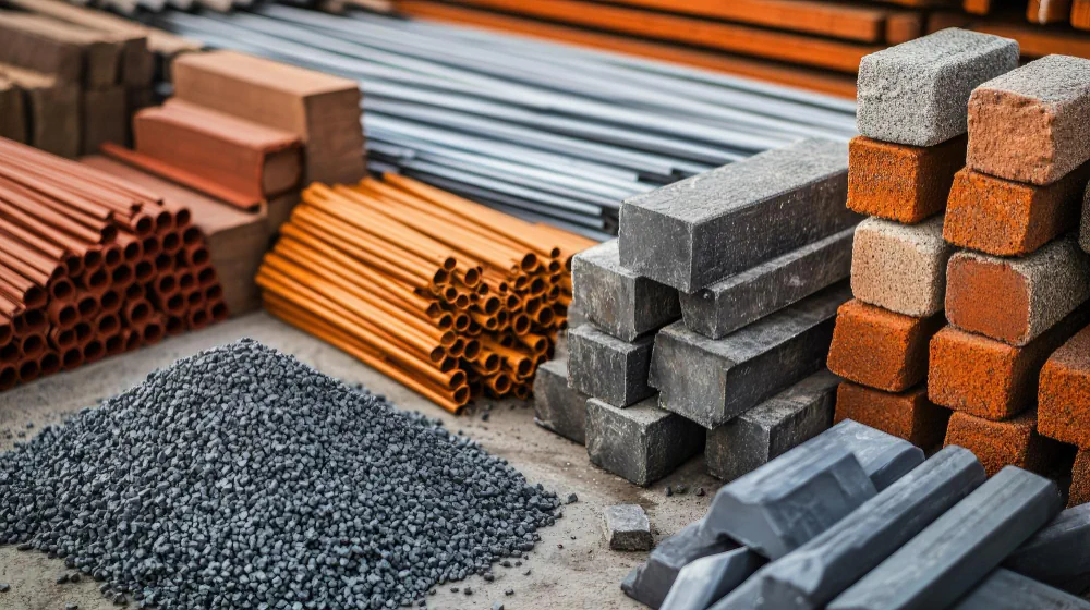Construction blocks and metal bars representing construction materials support
